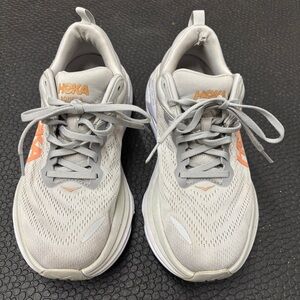 Hoka Bondi 8 Light Gray and Peach Athletic Shoes, 8.5B